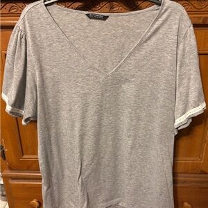 BloomChic Light Gray V-Neck Short Sleeve Top with Lace Trim